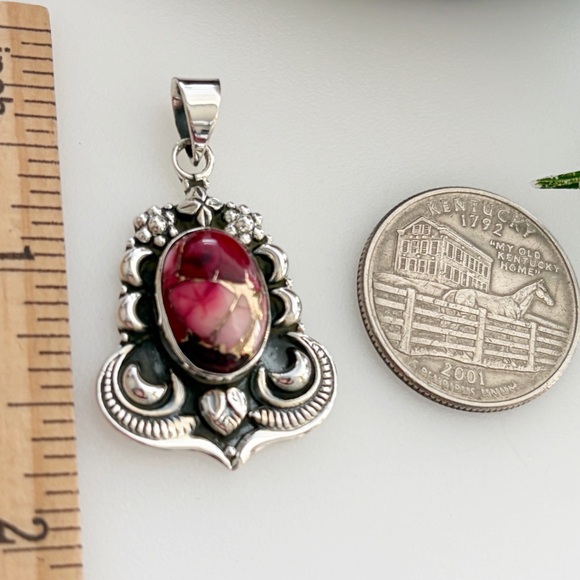 Pure Sterling Silver 925 Genuine Red Rose Dahlia Turquoise Pendant Navajo Style - Picture 8 of 11